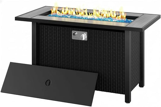 JAMFLY Propane Fire Pit Table 45 Inch, 50,000 BTU Outdoor Gas Firepit Table for Outside Patio, Blue Glass Rocks,Waterproof Cover, Gray