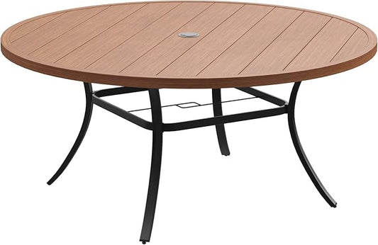 DIFY 60" Round Outdoor Patio Dining Table for 8-10, Metal Patio Table with 1.57" Adjustable Umbrella Hole, All-Weather Dining Furniture Table for Backyard Lawn Garden, Walnut