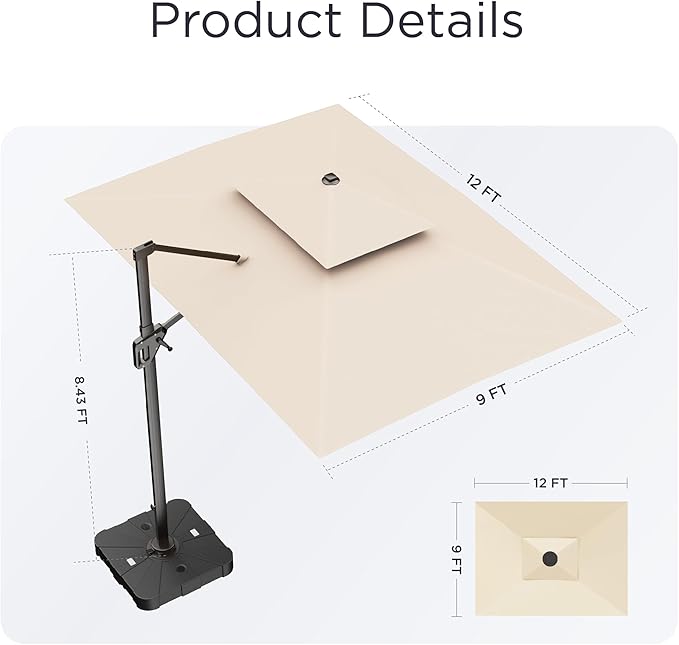 9' X 12' Cantilever Patio Umbrella with Base Included 360°Rotation Rectangular Outdoor Large Offset Umbrellas Double Top Heavy Duty Windproof for Garden Deck Pool Backyard, Beige