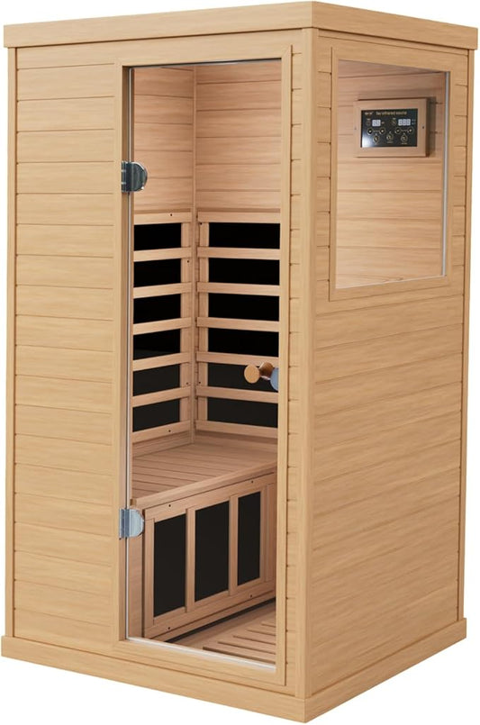 LTCCDSS 1 Person Far Infrared Sauna, Infrared Sauna for Home, with 1050W Indoor Sauna, Low EMF Heaters, 2 Bluetooth Speakers, 1 LED Reading Lamp Hemlock Wood Sauna Room (Left and Right Door Randomly)