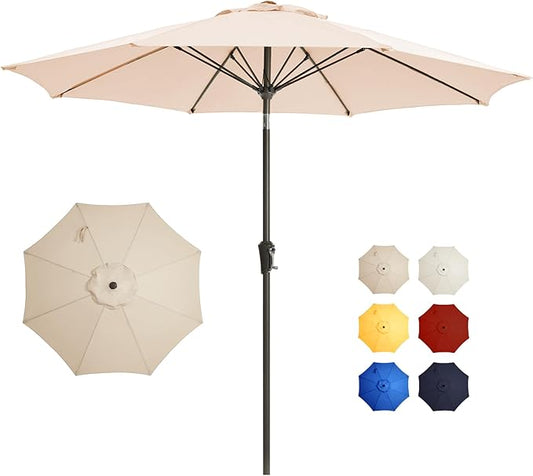 9FT Large Outdoor Patio Umbrella Market Table Umbrella-UV Resistant, Easy Push Button Tilt and Crank, 8 Sturdy Ribs Heavy-Duty Pool Umbrella for Deck,Beige