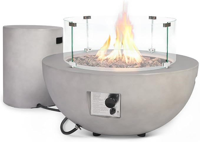 Round Propane Fire Pit–31.5 Inch Outdoor Modern Firepit 3-Piece 50,000 BTU Gas Concrete Fire Pit Tank Cover CSA Certification w Lid and Glass Wind Guard,Lava Rocks for Deck or Patio