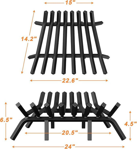 Fireplace Grate 24 Inch with 8 Support Legs, Solid Steel Heavy Duty Fireplace Log Holder with Fire Log Tongs & Fire Poker, Fireplace Log Grate for Indoor Fireplace and Outdoor In-ground Firepit