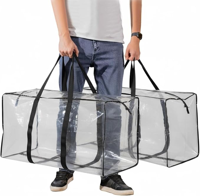 Heavy Duty Extra Large Moving Bags,176 Gallon Jumbo Packing Bags,Huge Moving Storage Bags with Strong Zippers & Carrying Handles,Reusable Big Moving Storage Bags for College Dorm Travel 2Pack,Clear
