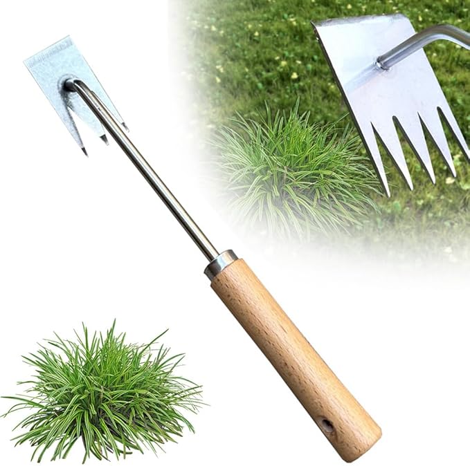 AIIONP Weed Puller Tool, 2026 New Garden Weed Pulling Tool Uprooting Weeding Tool, Manganese Steel Weeding Artifact Manual Weeders Weed Removal Tool for Gardening Planting (Wooden Handle (3 Teeth))