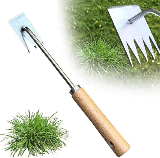 AIIONP Weed Puller Tool, 2026 New Garden Weed Pulling Tool Uprooting Weeding Tool, Manganese Steel Weeding Artifact Manual Weeders Weed Removal Tool for Gardening Planting (Wooden Handle (3 Teeth))