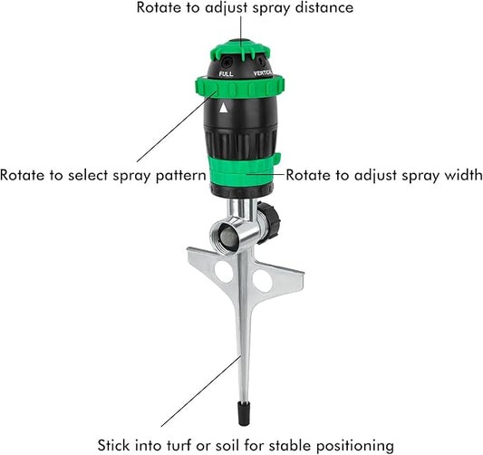[2 Pack] RESTMO Gear Drive Sprinkler with Metal Spike Base, 5-Pattern Heavy Duty Gardening Watering System, Multi-Adjustable Lawn Sprinkle for Garden Plant, Flower Bed and Large Yard Area, Green