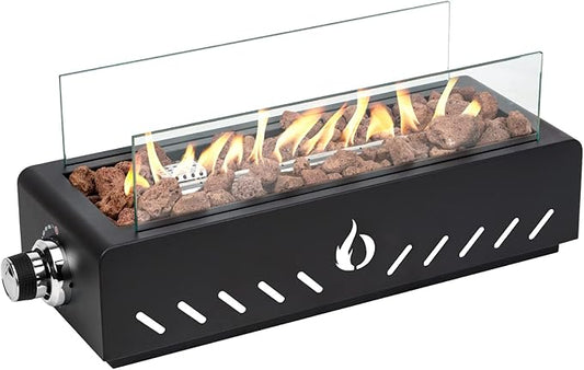 ONLYFIRE OUTDOOR LIVING 18" Propane Gas Fire Pit with Glass Wind Guard & Lava Rocks, Portable Tabletop Smokeless Firepit Side-Mounted for Patio Backyard Camping Tailgating RV, Hose Included, FP026