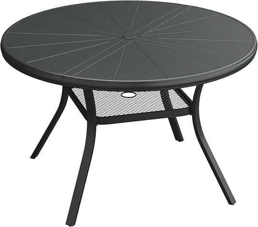 VICLLAX Round Patio Dining Table, 4 Person Aluminum Outdoor Dining Table with Umbrella Hole and Storage Shelf for Garden Lawn Deck, 40.6" Black