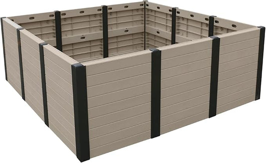 Tierra Verde 48-Inch x 48-Inch Raised Garden Bed with Tool-Free Connect System and Crafted from Recycled Materials, for Patios or Decks, Khaki