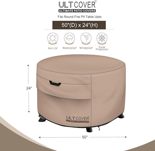 ULTCOVER Patio Fire Pit Table Cover Round 50 inch Outdoor Waterproof Fire Bowl Cover