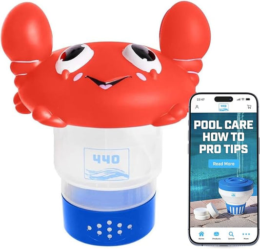 440 Pool Chlorine Floater Dispenser, Fits Up to 3 Pieces of 3-Inch Chlorine Tabs, Adjustable Flow, Control, Heavy-Duty Plastic - Suitable for Small & Large Pools - 8 Ounces | Cartoon Crab