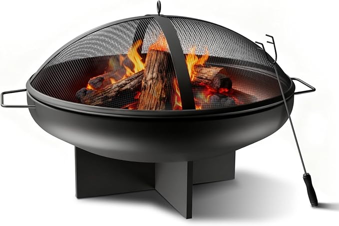24 Inch Fire Pit for Outside Outdoor Wood Burning Firepit Bowl Heavy Duty Steel Bonfire Pit for Patio Backyard Camping Deck with Spark Screen, Log Grate & Poker