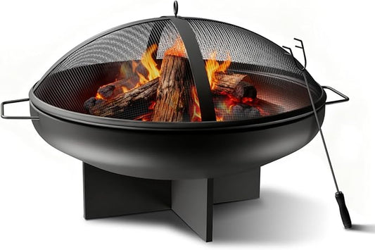 24 Inch Fire Pit for Outside Outdoor Wood Burning Firepit Bowl Heavy Duty Steel Bonfire Pit for Patio Backyard Camping Deck with Spark Screen, Log Grate & Poker