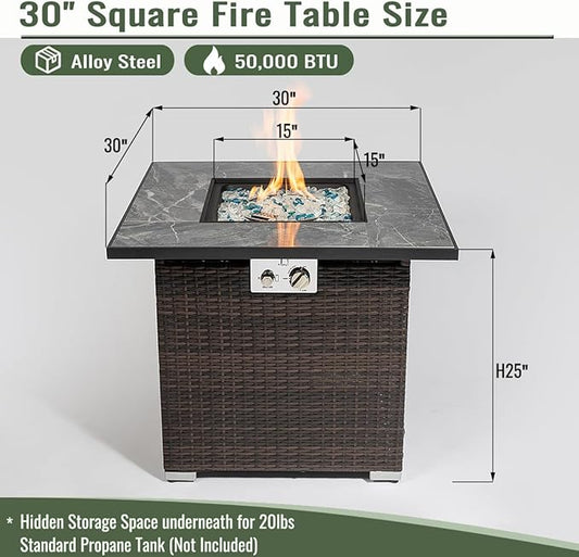 Propane Fire Pit Table, 30 Inch Wicker Firepits for Outside, Square Gas Fire Pit for Outside Patio, Propane Fire Table for Patio, Backyard, Pool, 40,000 BTU, Tank Inside, Espresso Color