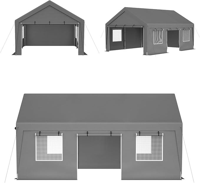 13x20 FT Heavy Duty Carport, Outdoor Storage Shed Tent with 2 Roll-Up Doors, Side Panels & Galvanized Steel Frame, All-Season Garage Shelter with Dual Mesh Ventilation Windows, Silver