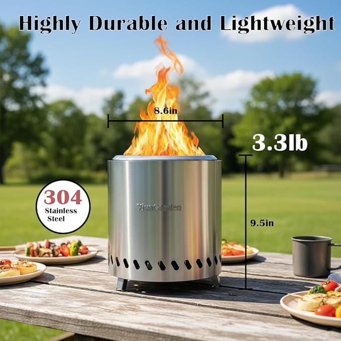 9.5 X 8.6 Inch Tabletop Fire Pit, VivaGarden Portable Firepit, Smokeless Table Top Firepit, Safe Burning Camping Stove, Fueled by Pellets or Wood, Forks, Mat & Travel Bag Included, Silver