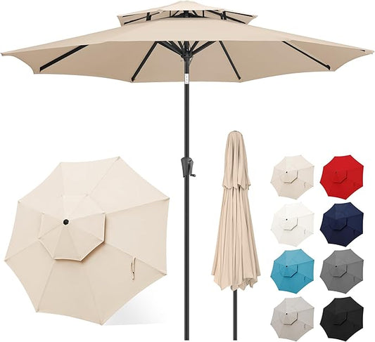 FLAME&SHADE 9ft Patio Umbrella - 2 Tiers Outdoor Umbrella with Push Button Tilt and Crank for UV Protection, Table Market Umbrella for Garden, Deck, Backyard, Pool and Beach(Beige)