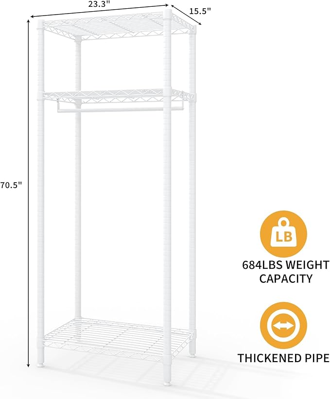 Clothes Rack, 684LBS Load Heavy Duty Metal Garment Rack with Adjustable Storage Shelves, 3-Tier Freestanding Closet Organizer for Hanging Clothes, for Bedroom, Laundry, Living Room