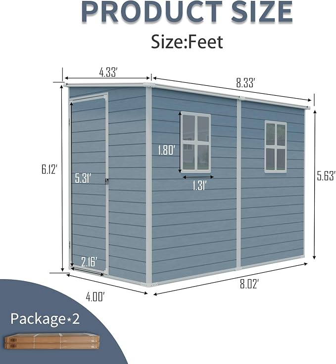 4x8 FT Outdoor Storage Shed Plastic Shed W/Floor,Resin Lean to Shed W/ 2 Windows & Lockable Door,Garden Tool House W/Air Vent & Sloped Roof,All Weather Waterproof for Backyard,Patio,Lawn,Grey