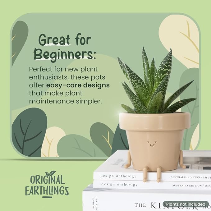 Original Earthlings Sitting Small Plant Pot - 4 Inch Cute Plant Pot - Succulent & Cactus Christmas Planters, Removable Drainage Plug, Cute Decor Plant Gifts for Plant Lovers, Teacher Gifts