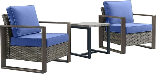 3 Piece Wicker Patio Furniture Set,Patio Bistro Set with 2 Rattan Armrest Chairs and 1 Side Table,Sturdy Frame,All-Weather PE Wicker,Wide Armrest,Deep Seating and Thick Cushions(Mixed Grey/Blue)