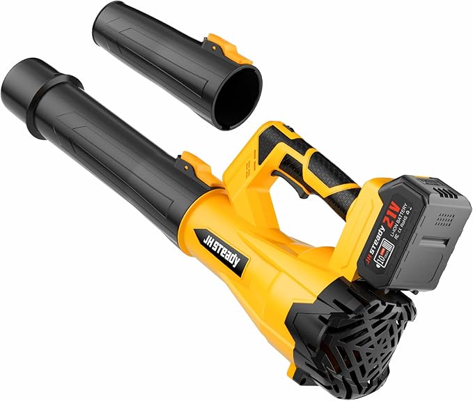 JH Steady 21V Cordless Leaf Blower - 3500W 350m/s, Stepless Variable Speed, Extended Nozzle, Rechargeable with Safety Gear (Yellow:1*Battery + Charger)