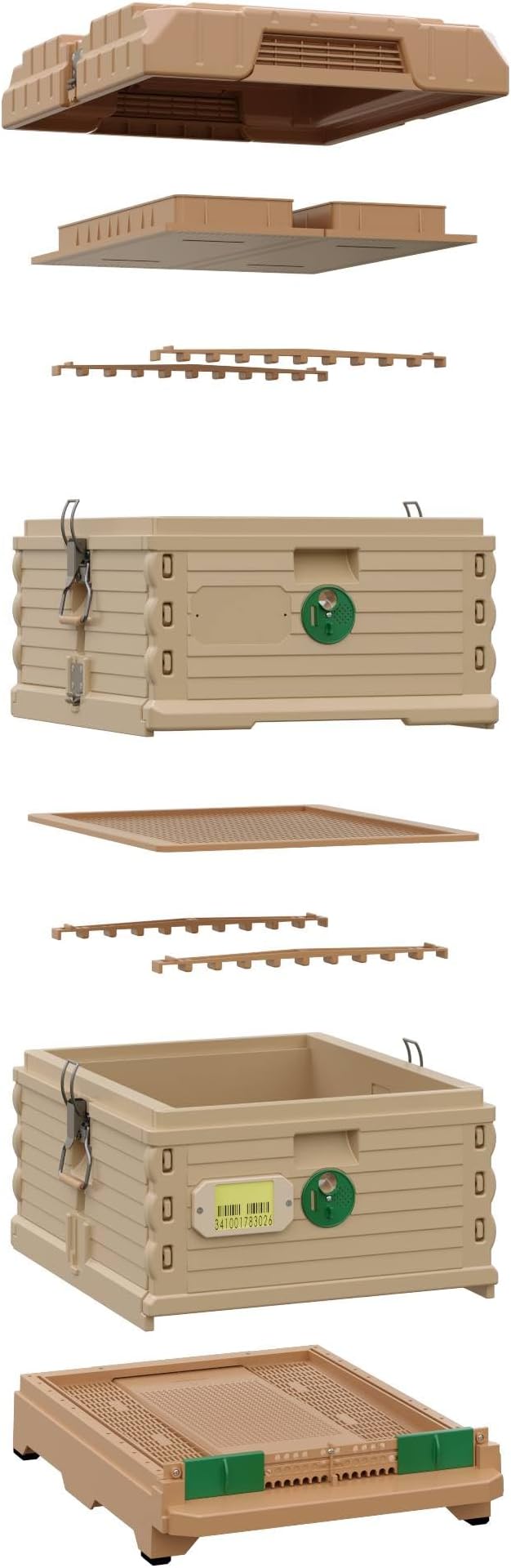 Apimaye Ergo Insulated 10 Frame Bee Hive Set [NO Frames Included] (Double Deep, Tan Body Green Entrance)