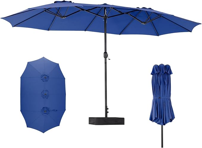 SMUG 15FT Large Patio Umbrella with Base Included, Rectangle Table Umbrella Outdoor Patio, Outside Umbrellas for Deck, Market, Backyard, Blue