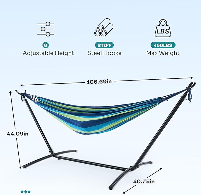 NEWBULIG Double Hammock with Stand, Heavy Duty Portable Hammocks for Outdoor Indoor Patio Camping, Space Saving Design & Carry Bag, Easy Assembly, 450lb Weight Capacity, Blue & Green
