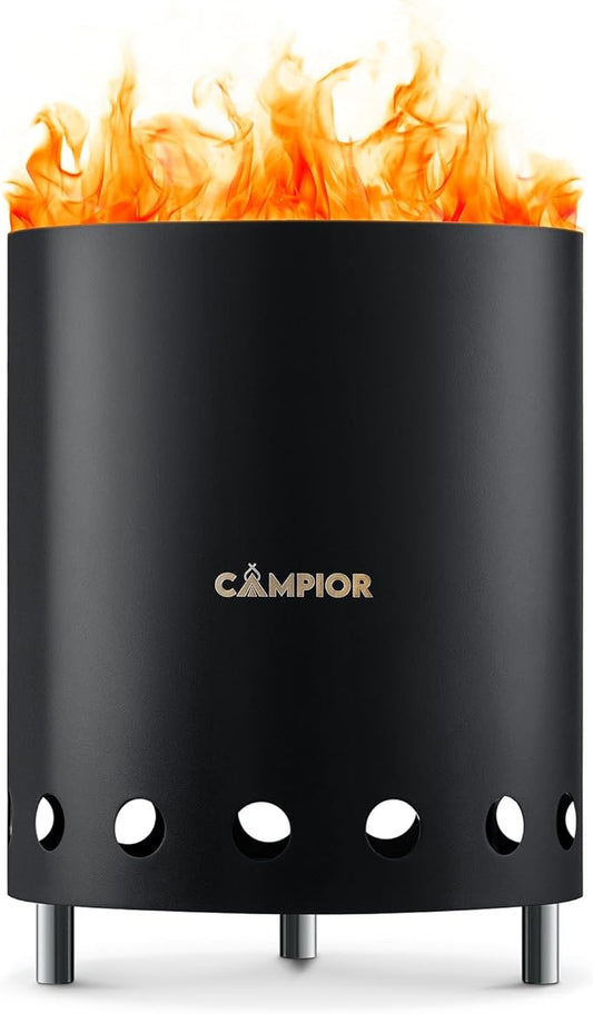 Wood Burning Fire Pit Stove with Black Exterior - Smokeless Outdoor Stove for Efficient Wood Fires, Camping, and Gatherings, Stainless Steel with Removable Ash Pan, Stand and Carry Bag