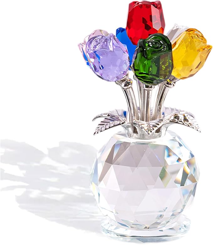 Crystal Colorful Roses Collectible Figurine,Valentines Gifts for Women Mom Girlfriend Wife Bouquet Figurines Artificial Glass Crysta Flowers, Mother's Day Birthday