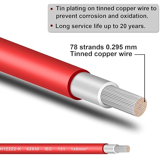 Solar Panel Wire - 80FT Red Tinned Copper Wire, 10AWG (6mm²) PV Wire Solar Extension Cable for Outdoor Automotive RV Boat Marine Solar Panel - Red (10AWG 80FT)