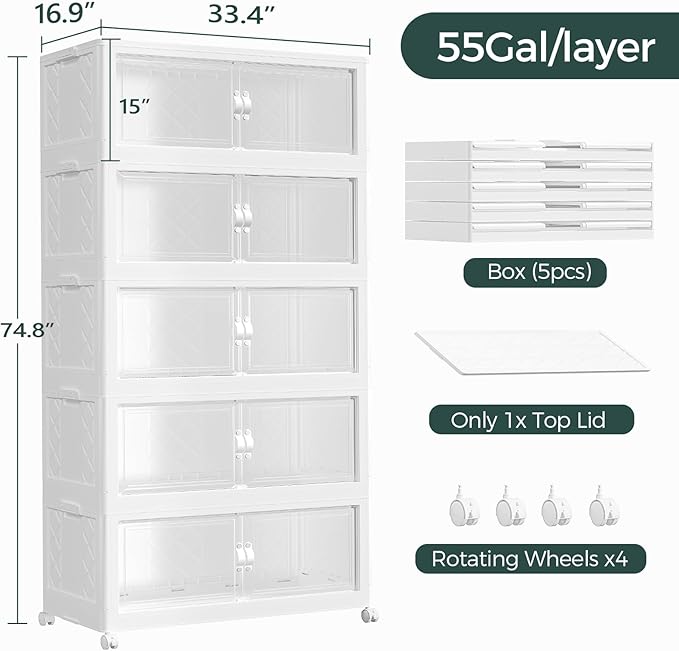 220Gal Stackable Storage Bins with Lid, 880Qt Extra Large Collapsible Storage Box with Doors and Wheels, Plastic Closet Organizer and Storage Cabinet Drawer For Home Kitchen, 4Pack White