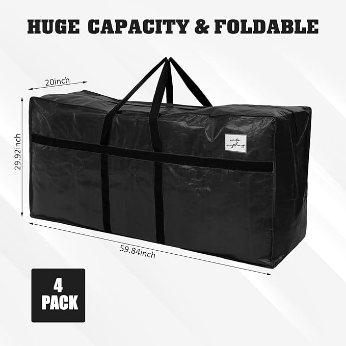 Windyun 4 Pack 155 Gallon Extra Large Storage Bags XXL Moving Bags with Zipper Handles Heavy Duty Jumbo Big Tote Box for Christmas Tree Storage 4, 5, 7.5, 9, 10, 12 ft Skeleton College Dorm(Black)