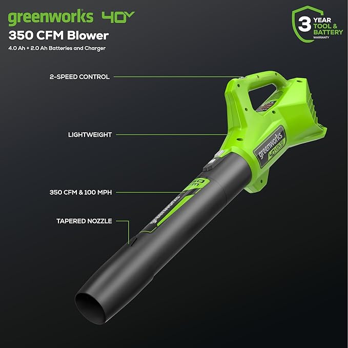 Greenworks 40V 16" Brushless Cordless (Push) Lawn Mower + Blower (350 CFM) + 13" String Trimmer (Bonus Spools), 4.0Ah + 2.0Ah Battery and Charger Included (75+ Compatible Tools)