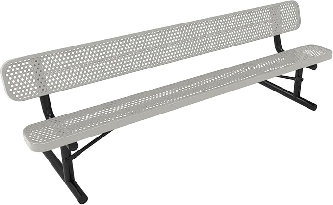 COATEDOUTDOORFURNITURE Coated Outdoor Furniture Heavy-Duty Portable Outdoor Bench Thermoplastic Coated, Punched Steel, Commercial-Grade Seating, Made in America (Portable with Back, 8 Ft, Grey)