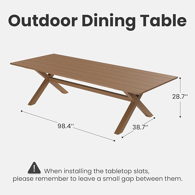 Aeeiua 98" x 38" Outdoor Dining Table, Rectangle Patio Table with Slatted Tabletop for Backyard, Garden, Deck, Poolside
