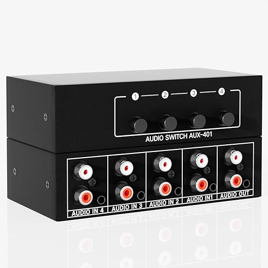 4 Channels 3.5mm Aux + RCA L/R Audio Switcher Box 4 in 1 Out/ 1 in 4 Out Bidirectional,4 in 1 Out A/B Analog Audio Switcher Selector No Power Need