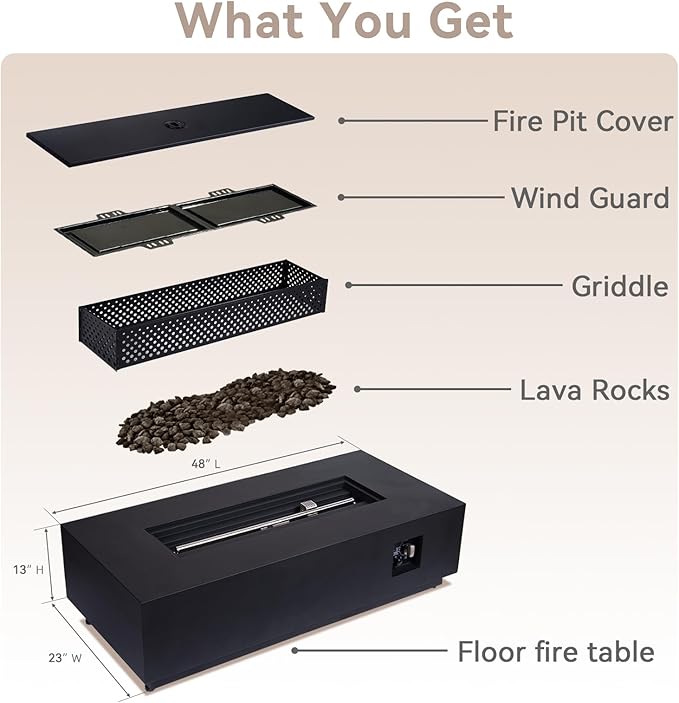 48 Inch Propane Fire Pit Table, 3-in-1 Rectangle Gas Fire Pits, 50,000 BTU Outdoor Fire Pit with Wind Guard, Griddle and Rain Cover, Suitable for Patio, Balcony and Courtyard
