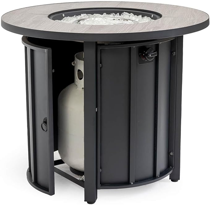 30'' Marble Ceramic Round Gas Fire Pit, 50,000 BTU Outdoor Fire Tables, Fire Table with Lid, Add Warmth & Ambience to Gatherings and Parties On Patio Deck Garden Backyard, White Glass Stone.