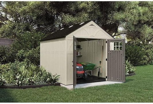 Suncast 8x10 Ft. Outdoor Storage Shed - Large Resin Outdoor Shed with Floor Included, Lockable Double Doors & Skylights. 547 Cu Ft Tremont Garden Plastic Sheds for Lawn Tools, Riding Mowers, & Bikes