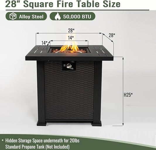 Propane Fire Pit Table, 28 Inch Steel Firepits for Outside, Square Gas Fire Pit for Outside Patio, Propane Fire Table for Patio, Backyard, Pool, 50,000 BTU, Tank Inside, Black