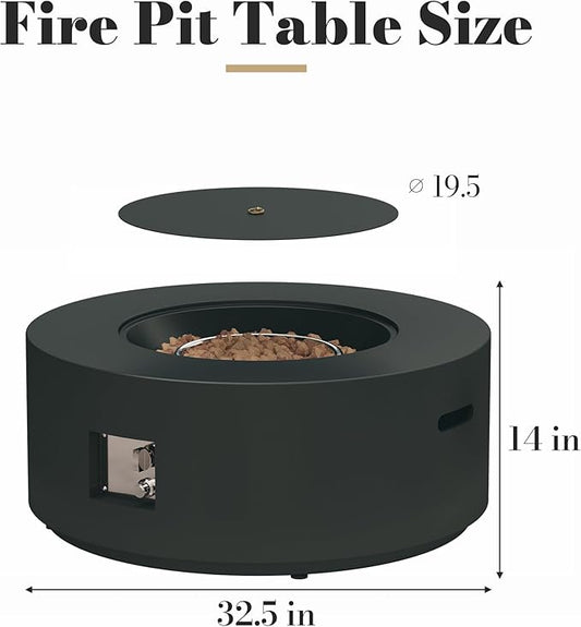 32.5 Inch Propane Fire Pit Table, 50,000 BTU Round Patio Fire Pit Table Outdoor, CSA Certified, Stainless Burner with Steel Lid, Waterproof Cover & Lava Rocks, for Backyard Garden, Black