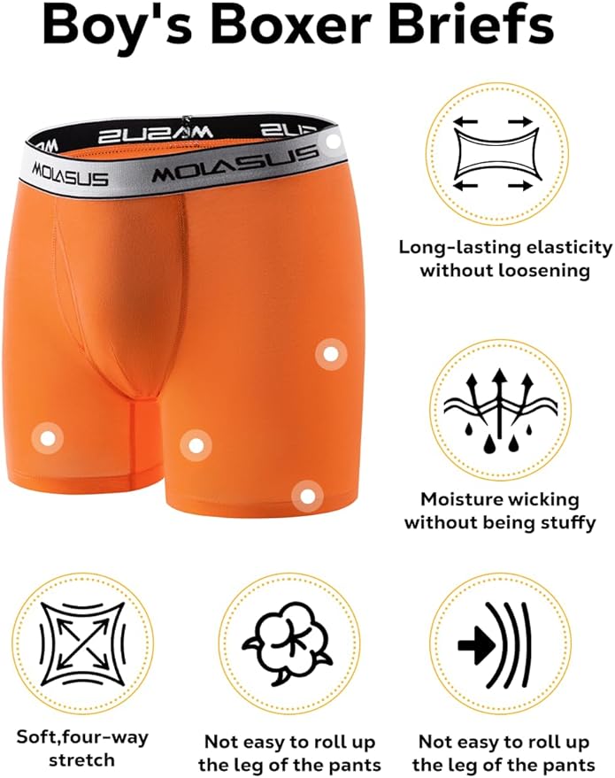 Molasus Boys Underwear Cotton Boxer Briefs With Fly for 6-20 Years Old Teen 5 Pack