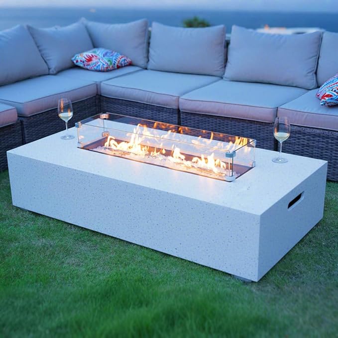 Outdoor Propane Fire Pit Table - 56" White Rectangle Terrazzo Finish Fire Table, Certified, 50000 BTU Stainless Steel Burner with Transparent Blue Fire Glass and Raincover