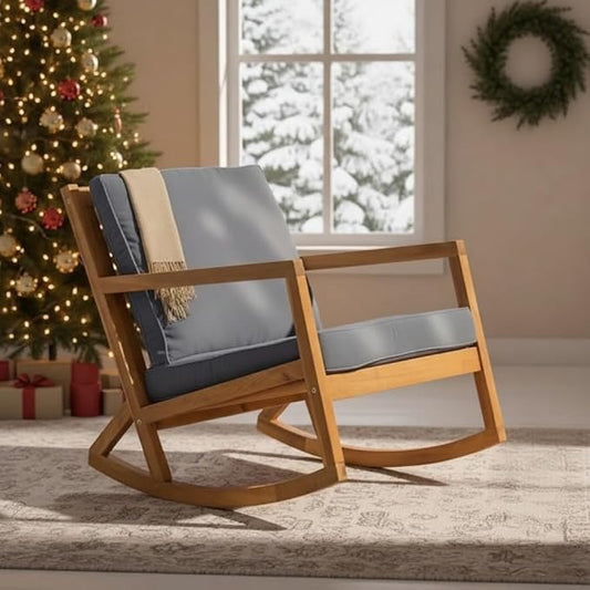 IDZO Premium Club Rocking Chair 500lbs Capacity with Inclined Backrest, Thick Foam Cushion, Solid Acacia Wood Rocker for Patio, Backyard, Balcony, Porch