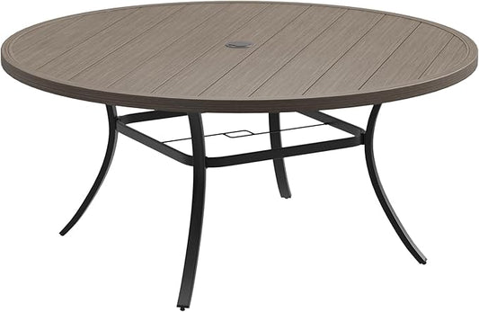 DIFY 60" Round Outdoor Patio Dining Table for 8-10, Metal Patio Table with 1.57" Adjustable Umbrella Hole, All-Weather Dining Furniture Table for Backyard Lawn Garden, Grey Wood-Like