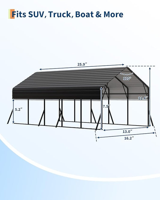 13x26 FT Heavy Duty Metal Carport Kit, Reinforced Frame with Anchors, for Trucks, Boats, RV, Tractor, 100MPH Wind & 35PSF Snow Rating, Easy Assembly