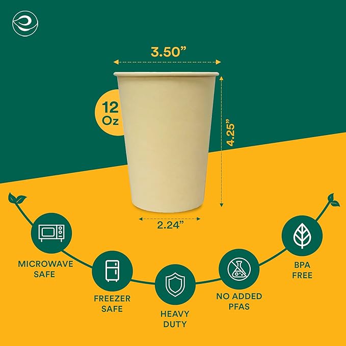 ECO SOUL 100% Compostable Plant-Based 12oz Hot Cups | (100 Count, 12 oz Hot Cups) | Disposable Bagasse Paper Cups | Eco-friendly Cups | Sturdy, Microwave & Oven Safe